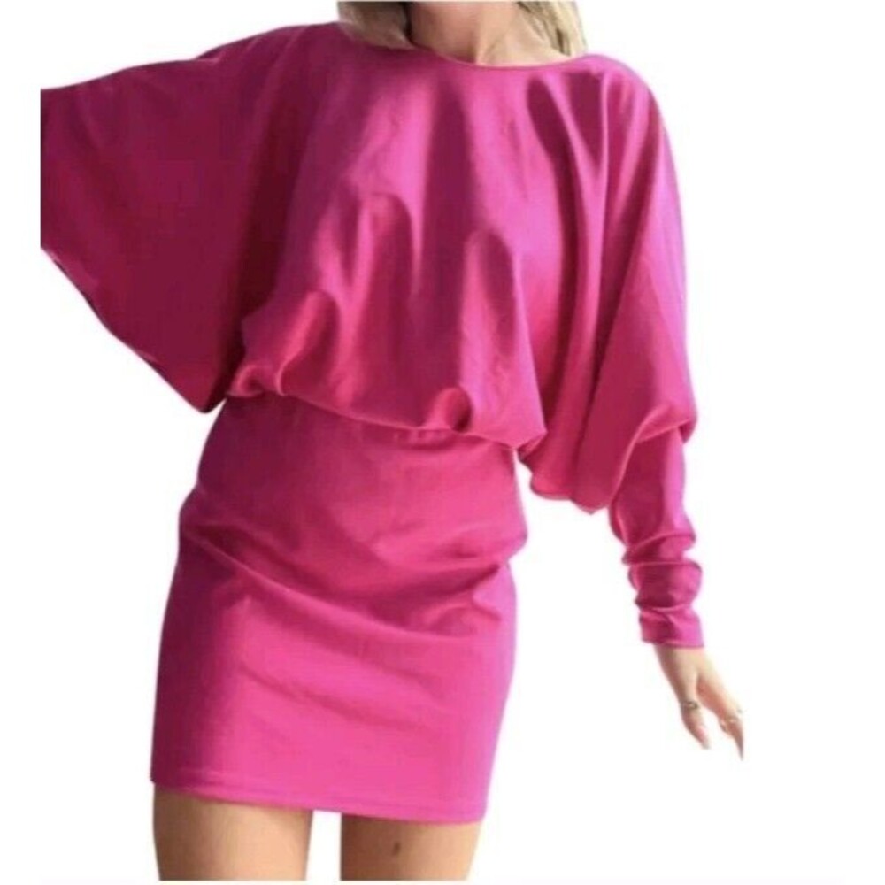 ZARA Hot Pink Drape Mini Dress Size S High Neck Bat Sleeve Hip Hugging Nightclub